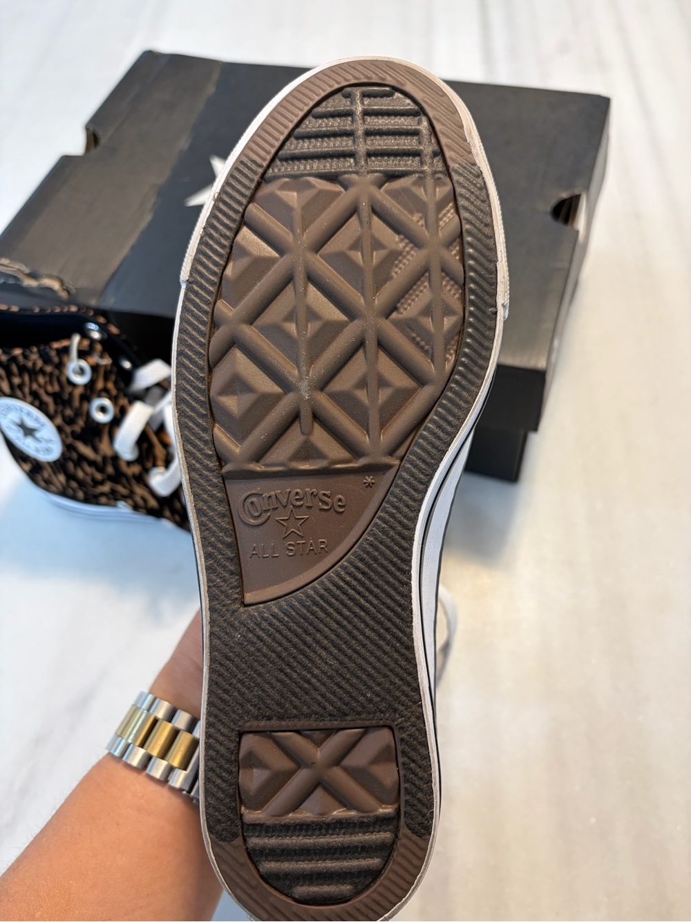 Converse Women’s High Top Sneakers in Brown and Black Leopard Print - Picture 3 of 5